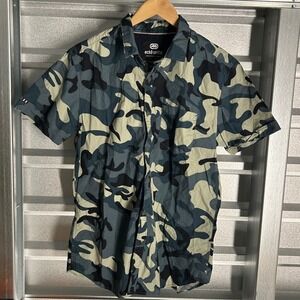 Ecko Unltd Button Down Shirt Mens Large Blue Camo Streetwear Skater Y2K Pocket
